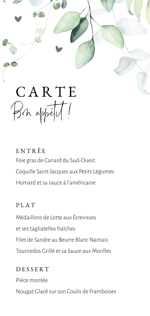 Menu avec une écriture artistique et des branches d'aquarelle