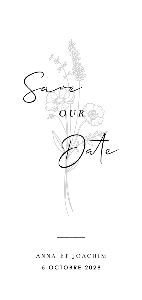 Save the date avec des fleurs et une écriture décorative