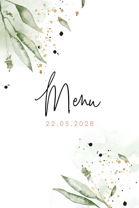 Carte de menu communion avec des feuillages en aquarelle