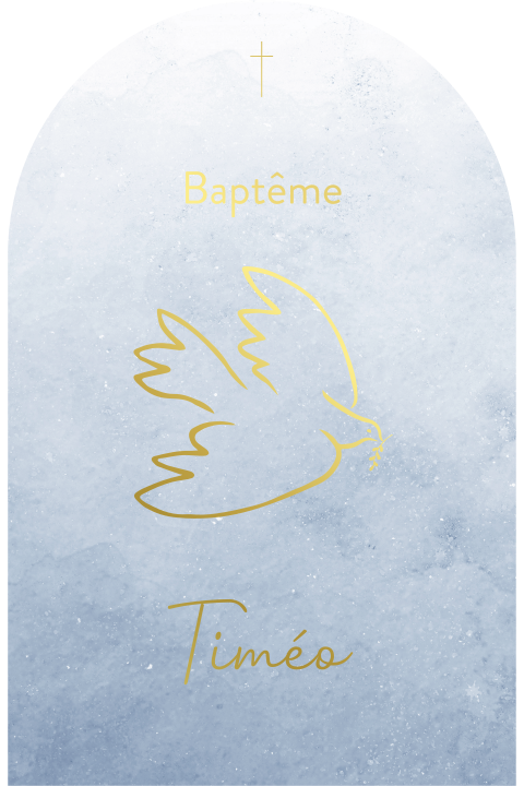 Faire-part de baptême chique avec colombe et dorures sur fond bleu