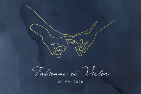 Faire-part de mariage bleu foncé avec dessin de mains en dorure
