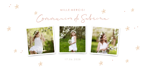 Carte remerciement communion avec trois photos et fleurs