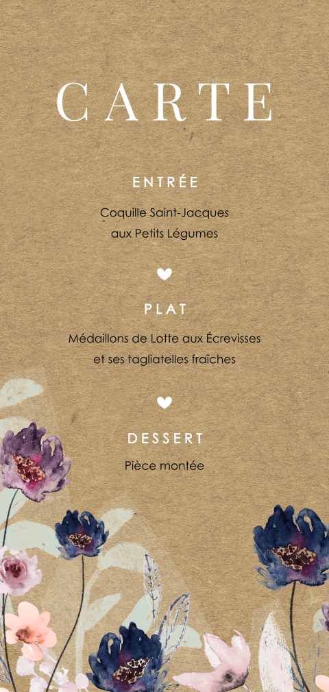 Carte de menu élégante avec des fleurs aquarelles