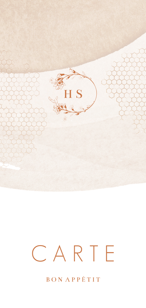 Menu de mariage élégant avec initiales et couronne de fleurs