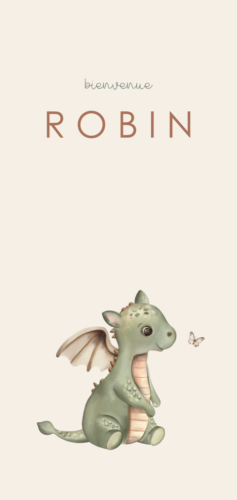 Faire-part de naissance avec petit dragon et papillon sur fond beige