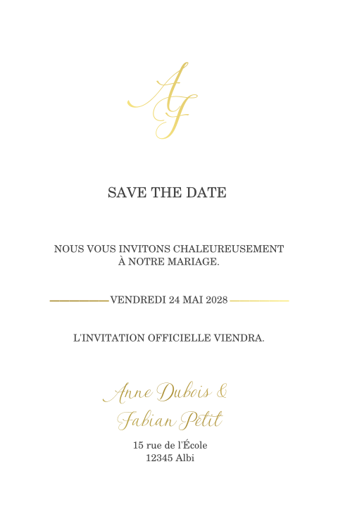 Save the date minimaliste et classique avec initiales en dorure