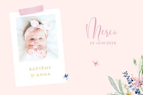 Carte de remerciement de baptême avec polaroid et fleurs en aquarelle