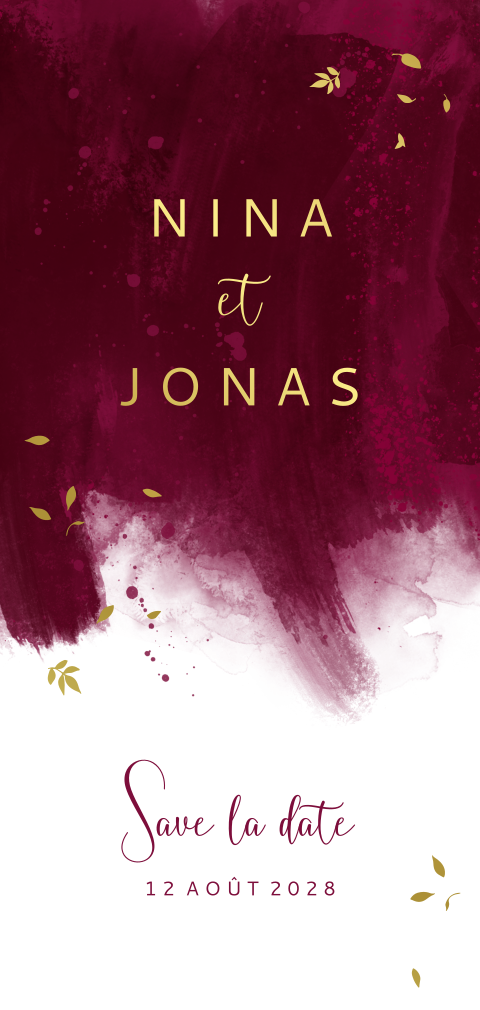 Save the date avec des traits de pinceau pourpres et et des dorures