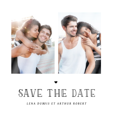 Save the date blanche avec deux photos et des cœurs