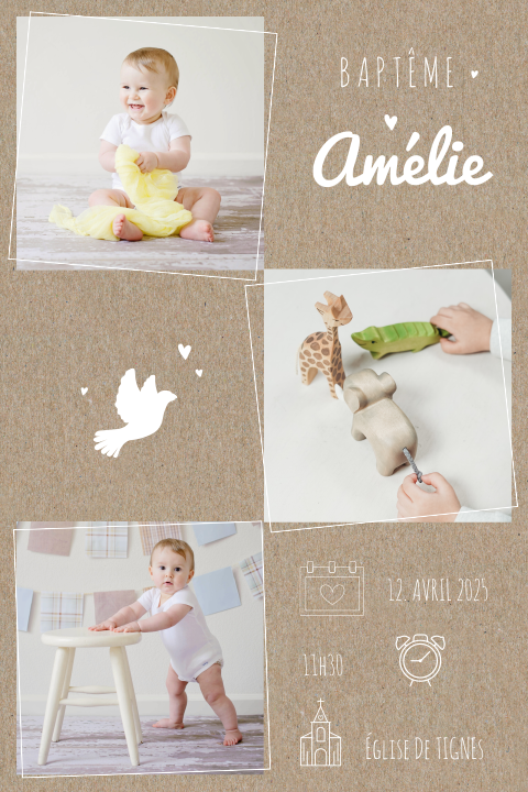 Faire-part de baptême avec photos, colombe et aspect kraft