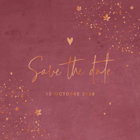 Save the date en aspect en velours avec des feuilles en vernis