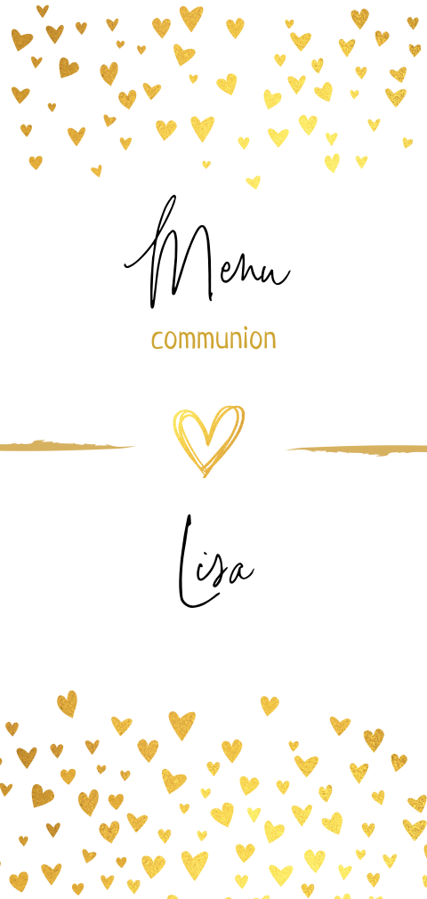 Menu de communion avec motif coeurs jaune-or