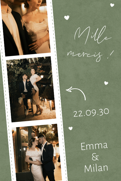 Magnet remerciement mariage avec bande de photos sur fond vert