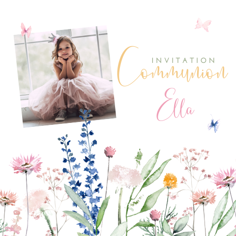 Faire-part communion carré avec fleurs printanières et papillons
