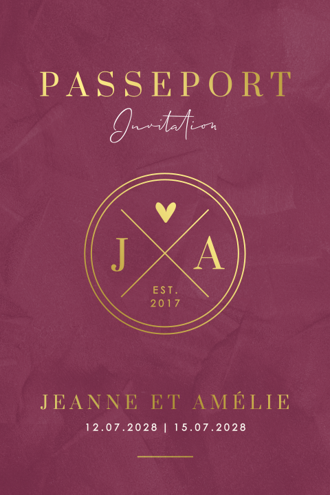 Faire-part de mariage original sous forme de passeport avec dorures