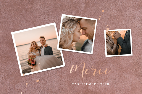 Carte de remerciement avec un fond velours rose et des photos