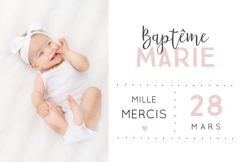 Carte de remerciement de baptême avec texte en noir et rose