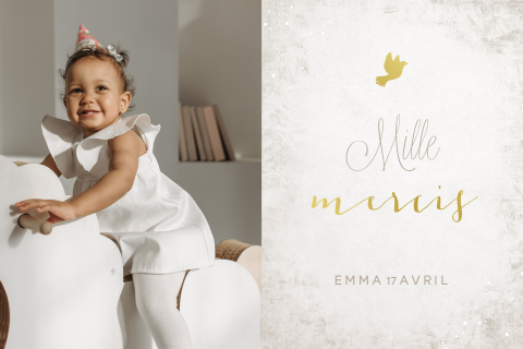 Carte de remerciement de baptême avec photo et colombe en dorure