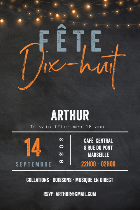 Carte d'invitation pour le 18e anniversaire avec un fond noir