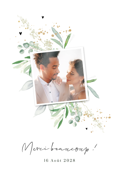 Carte de remerciement avec des feuilles vertes et une photo