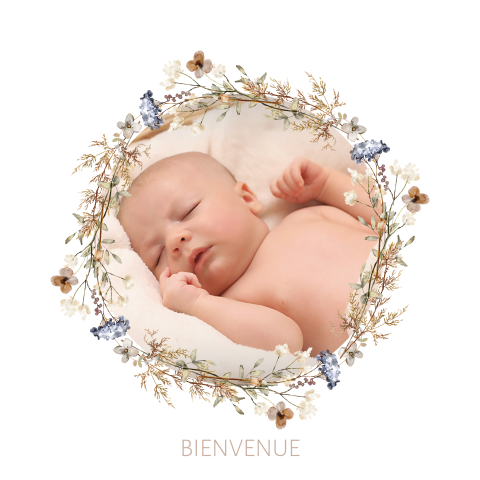 Faire-part de naissance avec photo dans couronne de fleurs