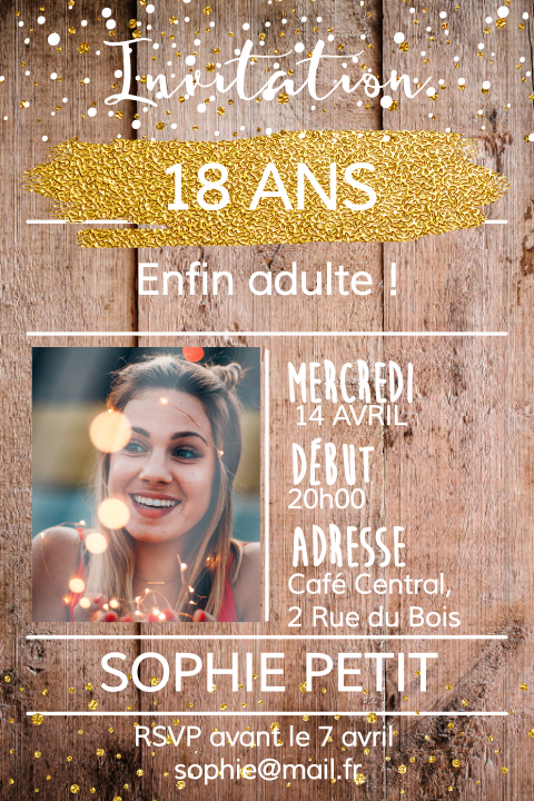 Carte d'invitation festive avec confettis et photo sur fond en bois