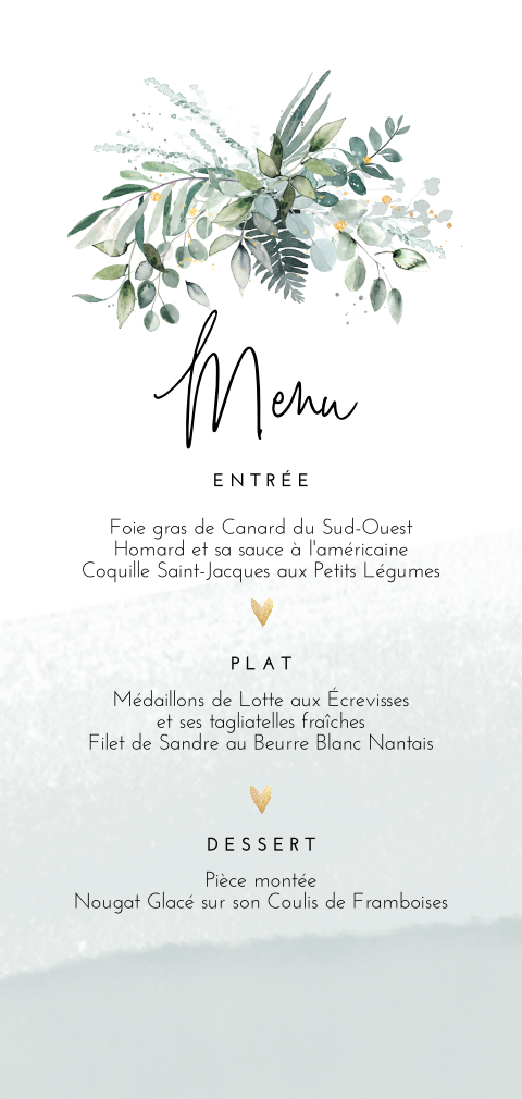 Menu élégant en format portrait avec des feuilles à l'aquarelle