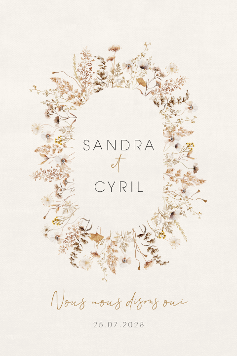 Faire-part de mariage avec des fleurs des champs en couronne