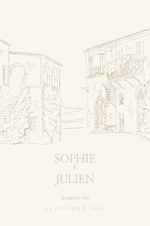 Faire-part de mariage avec dessins village du Sud