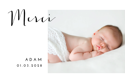 Carte de remerciement naissance avec photo et élégantes inscriptions