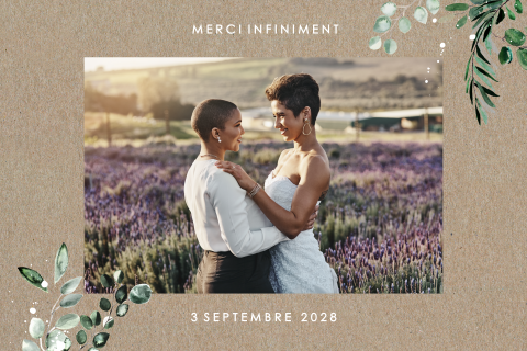 Carte de remerciement aspect carte postale avec photo