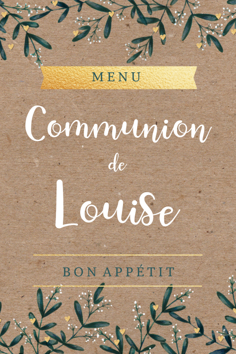 Menu avec feuillages et coeurs, fond effect kraft