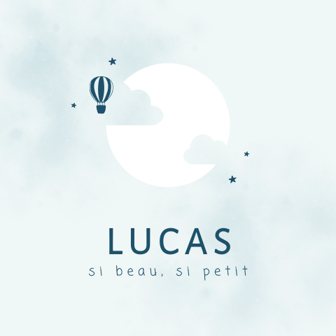 Faire-part de naissance bleu avec lune et montgolfière
