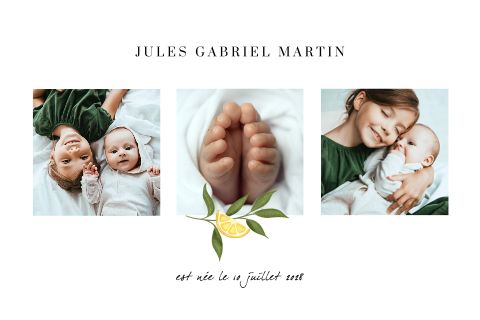 Faire-part de naissance avec trois photos et citron