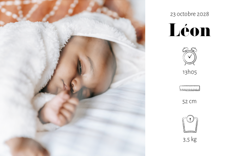 Faire-part de naissance avec photo et symboles en noir et blanc