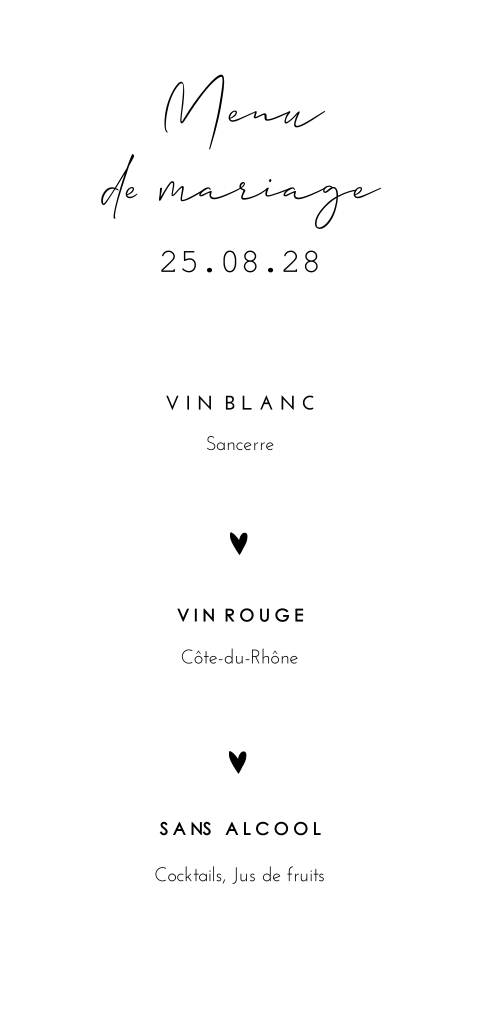 Menu minimaliste noir et blanc avec des cœurs