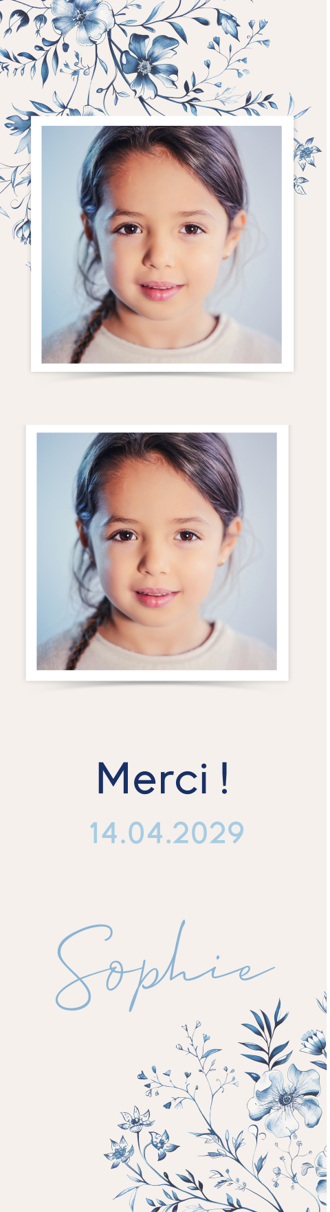 Carte remerciement communion format marque page avec fleurs bleues
