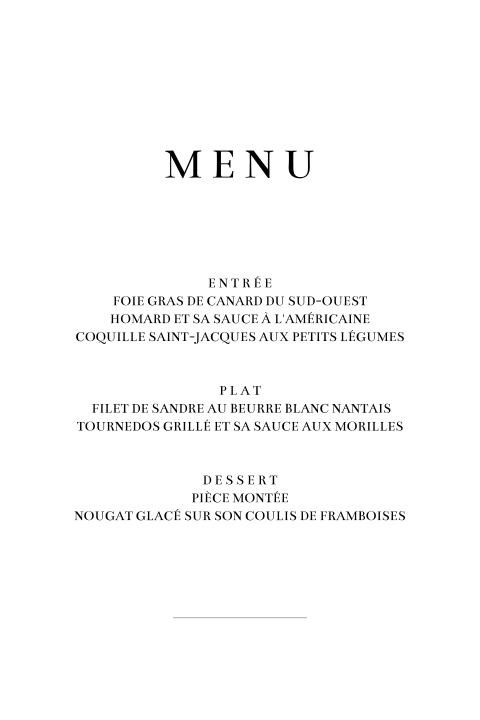 Carte de menu simple en noir et blanc, avec des coins arrondis