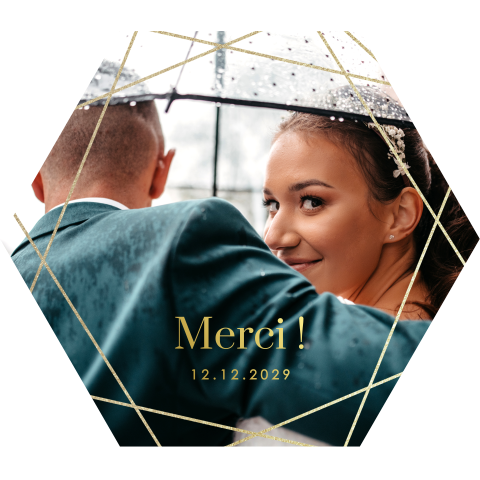 Carte de remerciement en forme géométrique avec feuille d'or et photo