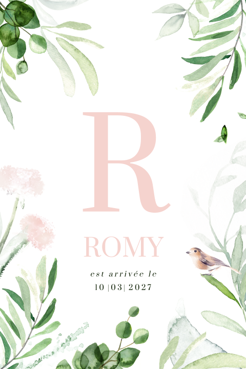 Faire-part de naissance fille avec branches et fleurs en aquarelle