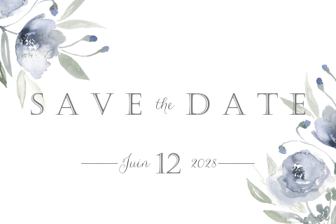 Save the date avec des fleurs d'aquarelle en bleu