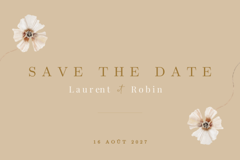 Save the date avec des violettes blanches sur un fond beige