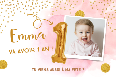 Carte d'invitation pour le 1e anniversaire avec des aquarelles roses