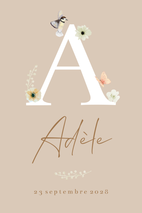 Faire-part de naissance avec initiale, fleurs et papillons