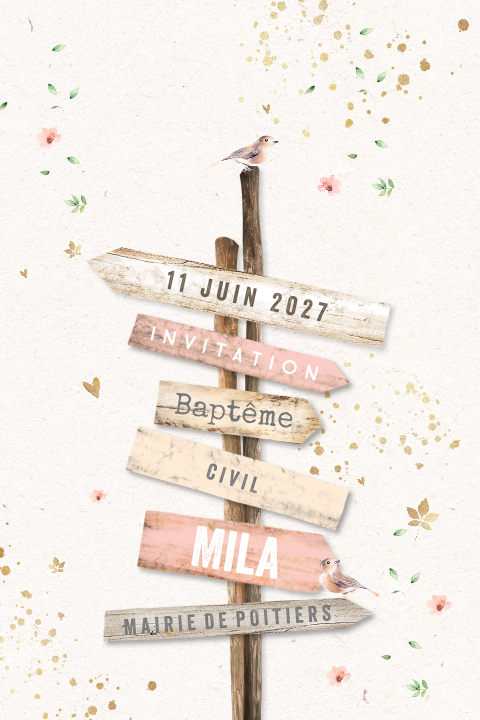 Faire-part de baptême avec panneau indicateur, fleurs et oiseau