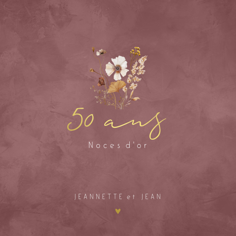 Invitation anniversaire mariageavec fond bordeaux et fleurs séchées