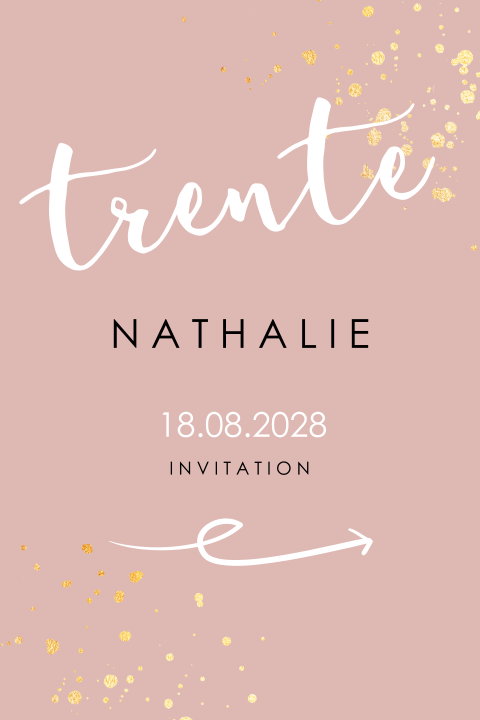 Carte d'invitation pour les 30 ans sur fond rose avec des dorures