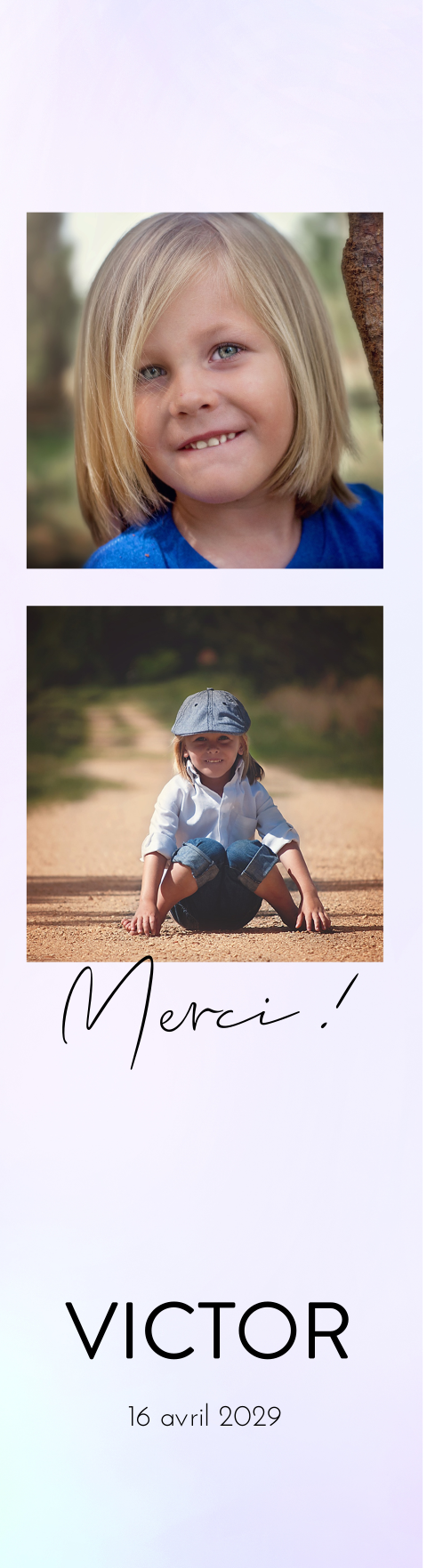 Carte de remerciement avec fond en holographie et deux photos