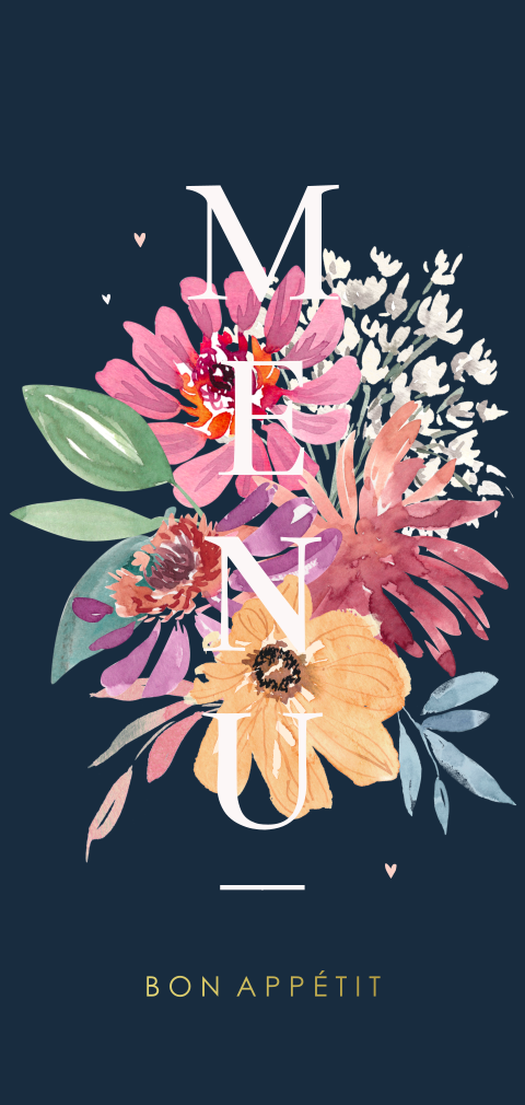 Carte de menu avec des fleurs colorées sur fond bleu foncé