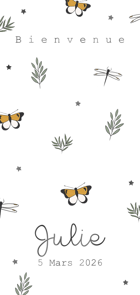 Faire-part illustré, minimaliste et nature avec photo de bébé au verso